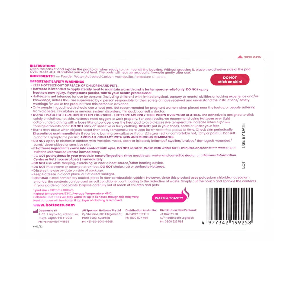 Hotteeze Heat Pads - Regular - Made in Japan